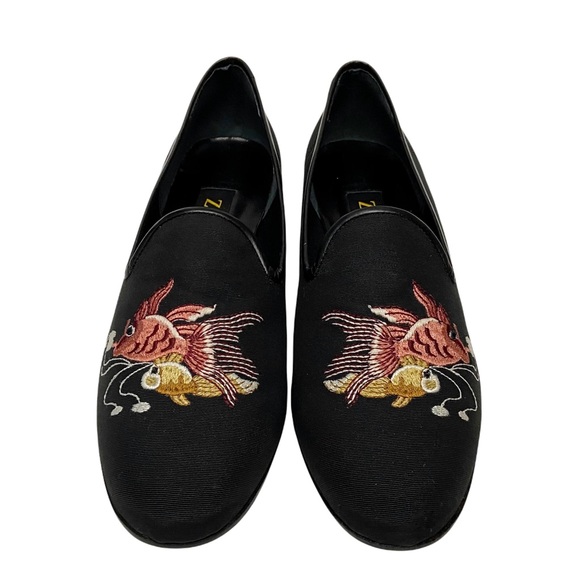 ZALO Black Faille Silk Koi Fish Embroidered Smoking Loafers - Picture 3 of 10